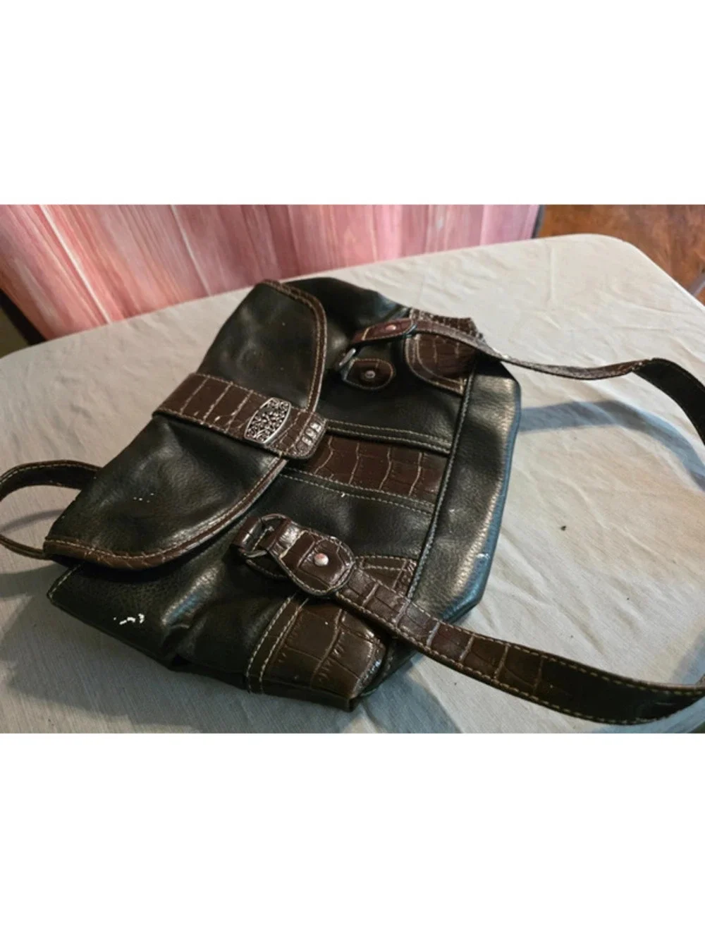 Western Dark Brown Faux Croc Flap Shoulder Bag - Silver Buckle Accent